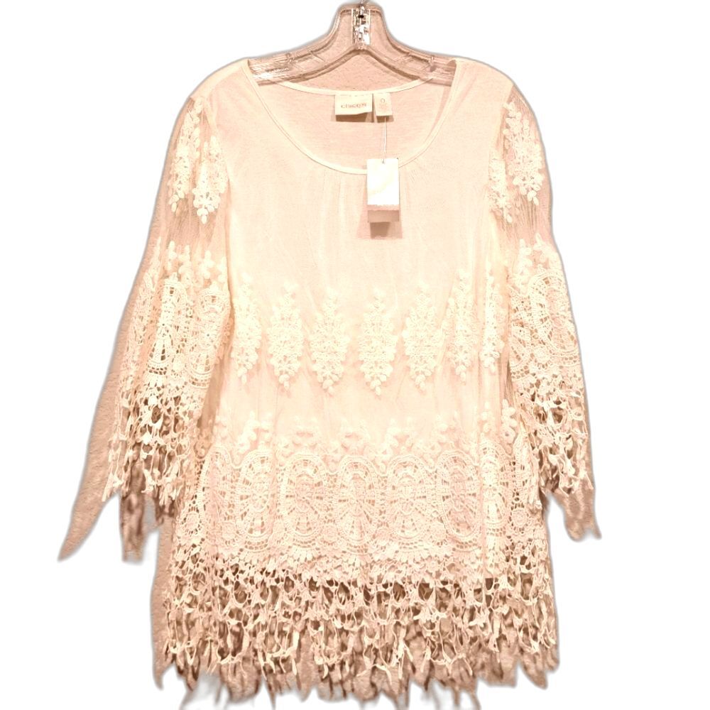 Chico's Embroidered Mesh Raina Top 3/4 Sleeve Fashion Alabaster Women's sz S NWT